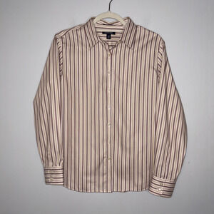Lands End Womens Stripe Button Up Shirt Size 14 Petite Pink Gold Business Work
